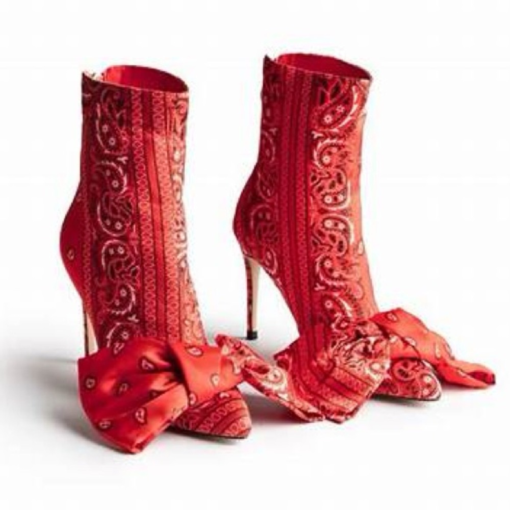 Red Paisley Satin Bow Booties